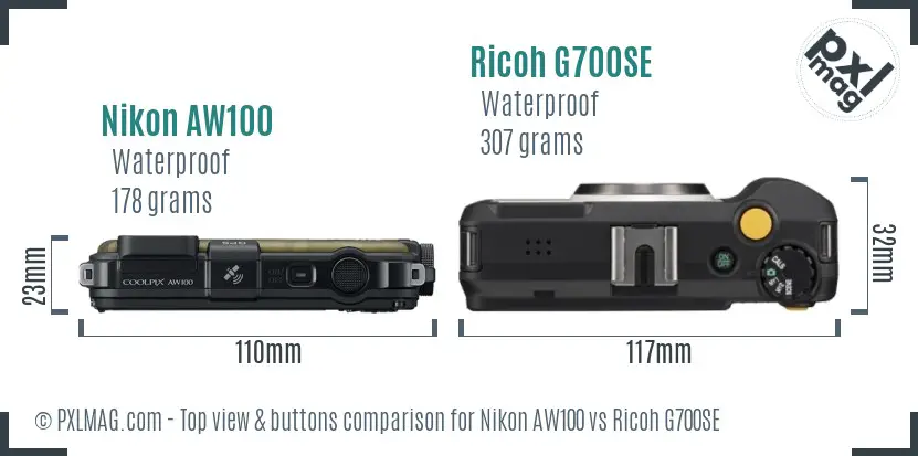 Nikon AW100 vs Ricoh G700SE top view buttons comparison