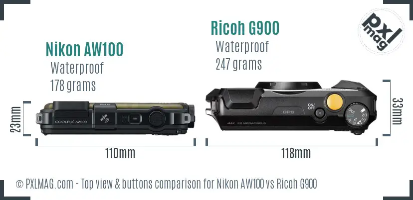 Nikon AW100 vs Ricoh G900 top view buttons comparison