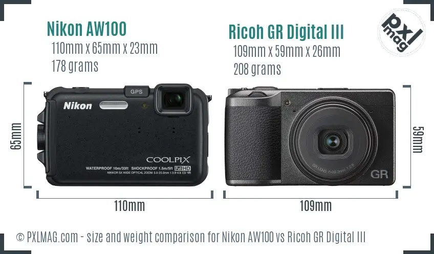 Nikon AW100 vs Ricoh GR Digital III size comparison