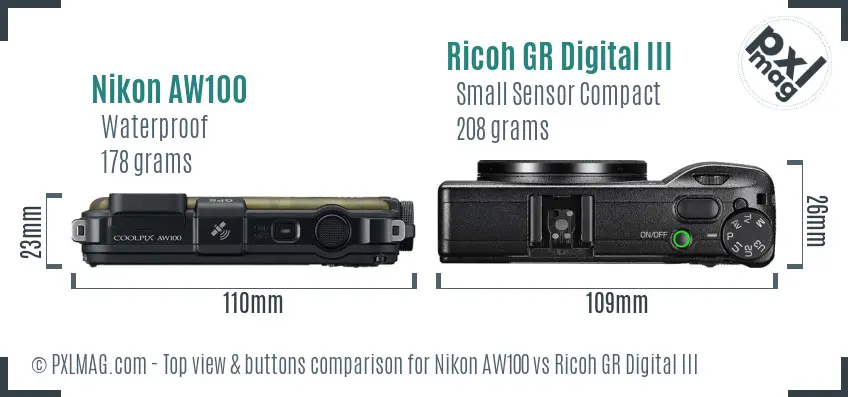 Nikon AW100 vs Ricoh GR Digital III top view buttons comparison
