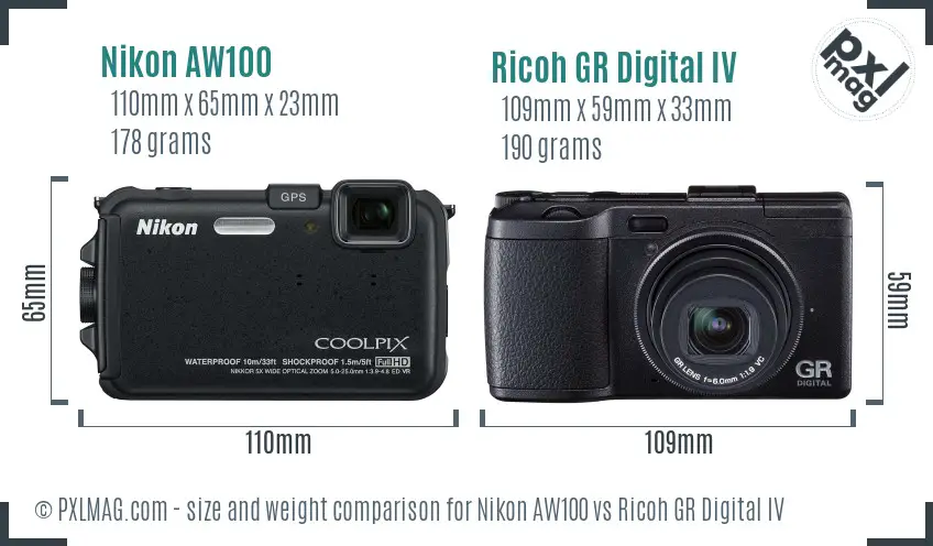Nikon AW100 vs Ricoh GR Digital IV size comparison Nikon AW100 vs Ricoh GR Digital IV size comparison
