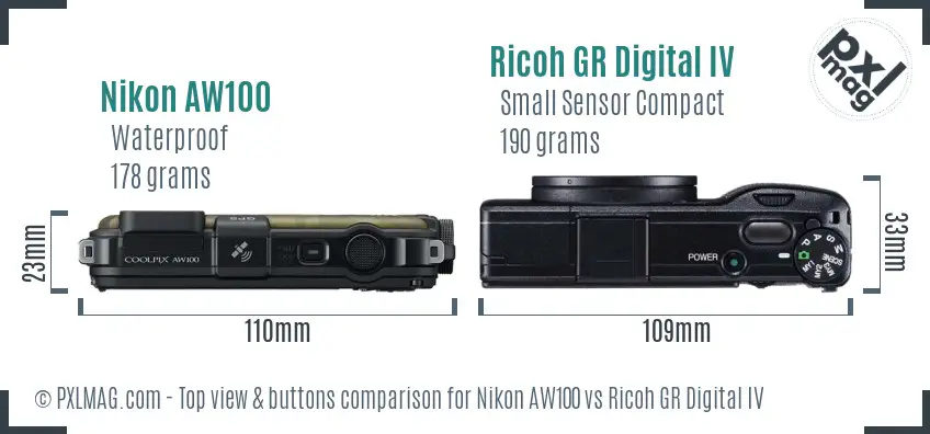 Nikon AW100 vs Ricoh GR Digital IV top view buttons comparison Nikon AW100 vs Ricoh GR Digital IV top view buttons comparison