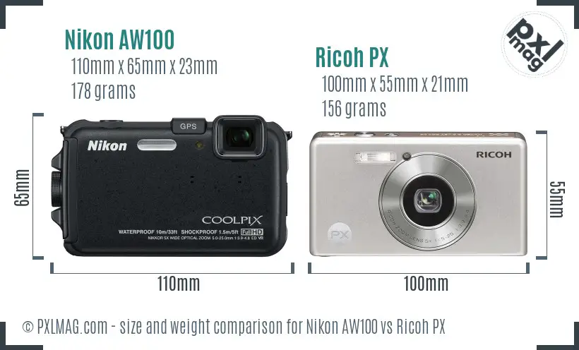 Nikon AW100 vs Ricoh PX size comparison