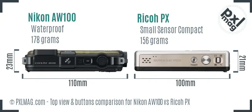 Nikon AW100 vs Ricoh PX top view buttons comparison