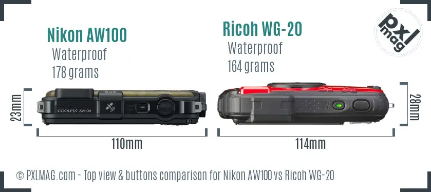 Nikon AW100 vs Ricoh WG-20 top view buttons comparison Nikon AW100 vs Ricoh WG-20 top view buttons comparison