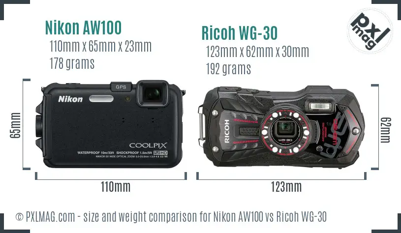 Nikon AW100 vs Ricoh WG-30 size comparison