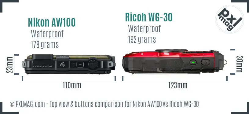 Nikon AW100 vs Ricoh WG-30 top view buttons comparison