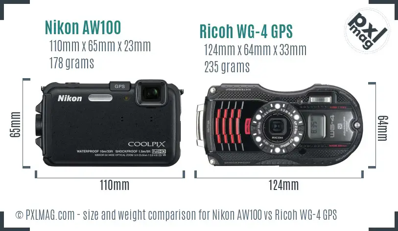 Nikon AW100 vs Ricoh WG-4 GPS size comparison Nikon AW100 vs Ricoh WG-4 GPS size comparison