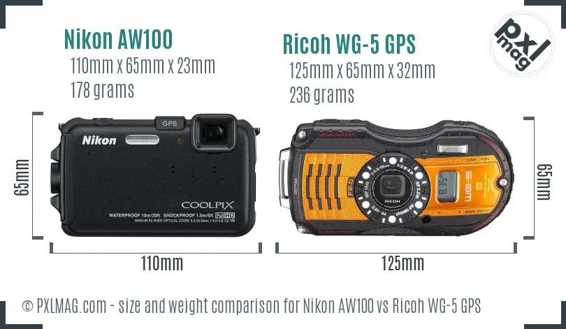 Nikon AW100 vs Ricoh WG-5 GPS size comparison