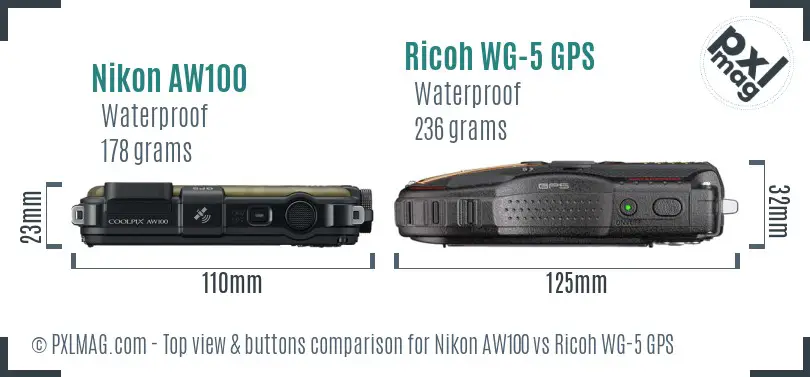 Nikon AW100 vs Ricoh WG-5 GPS top view buttons comparison