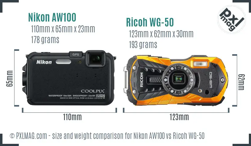 Nikon AW100 vs Ricoh WG-50 size comparison