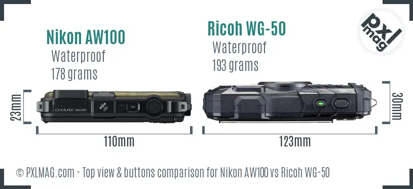 Nikon AW100 vs Ricoh WG-50 top view buttons comparison