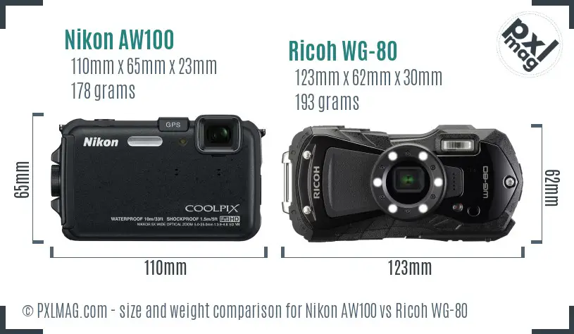 Nikon AW100 vs Ricoh WG-80 size comparison