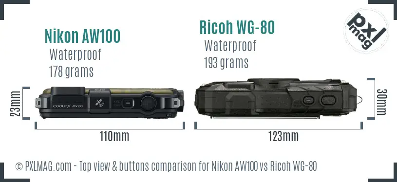 Nikon AW100 vs Ricoh WG-80 top view buttons comparison