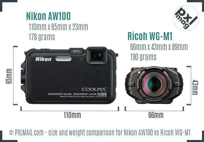 Nikon AW100 vs Ricoh WG-M1 size comparison