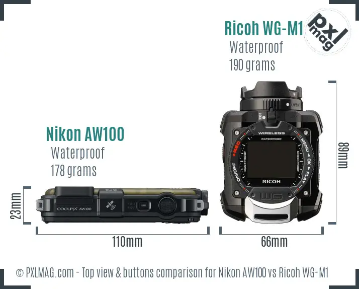 Nikon AW100 vs Ricoh WG-M1 top view buttons comparison