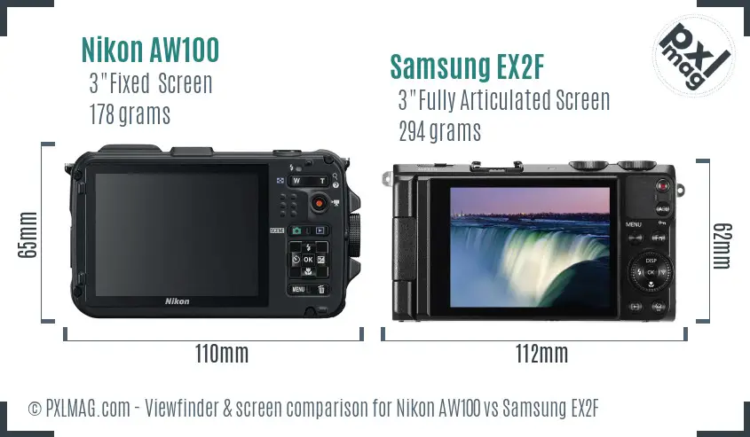 Nikon AW100 vs Samsung EX2F Screen and Viewfinder comparison