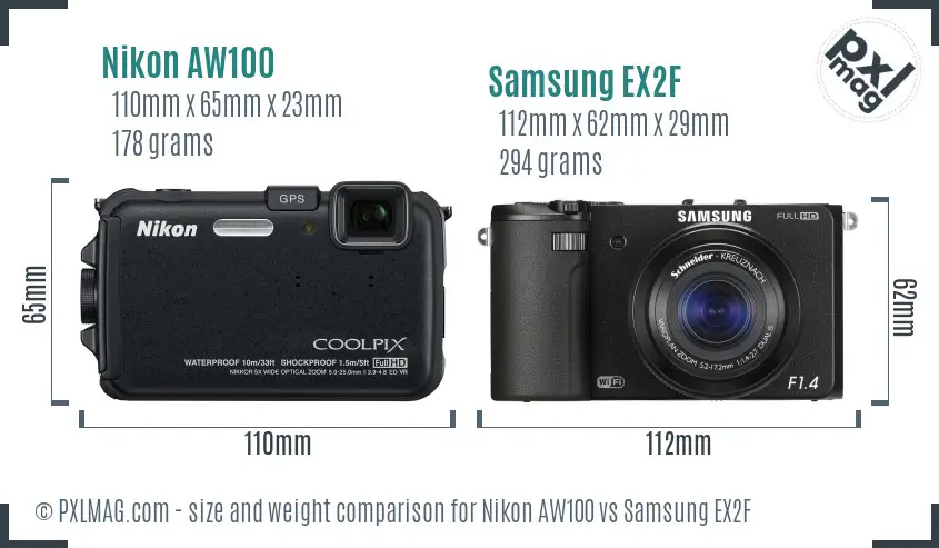 Nikon AW100 vs Samsung EX2F size comparison