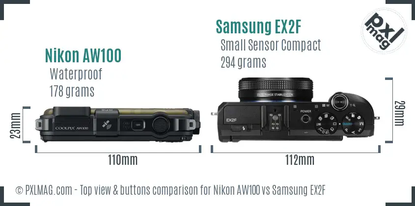 Nikon AW100 vs Samsung EX2F top view buttons comparison