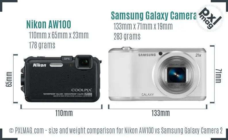 Nikon AW100 vs Samsung Galaxy Camera 2 size comparison