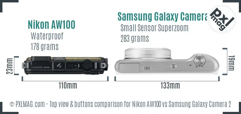 Nikon AW100 vs Samsung Galaxy Camera 2 top view buttons comparison