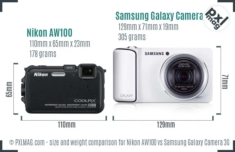Nikon AW100 vs Samsung Galaxy Camera 3G size comparison