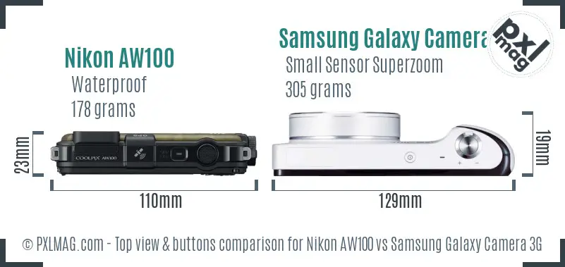 Nikon AW100 vs Samsung Galaxy Camera 3G top view buttons comparison