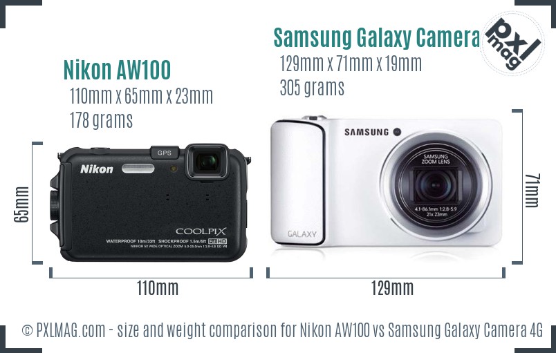 Nikon AW100 vs Samsung Galaxy Camera 4G size comparison Nikon AW100 vs Samsung Galaxy Camera 4G size comparison