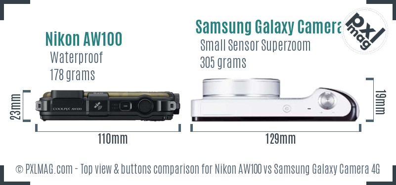 Nikon AW100 vs Samsung Galaxy Camera 4G top view buttons comparison