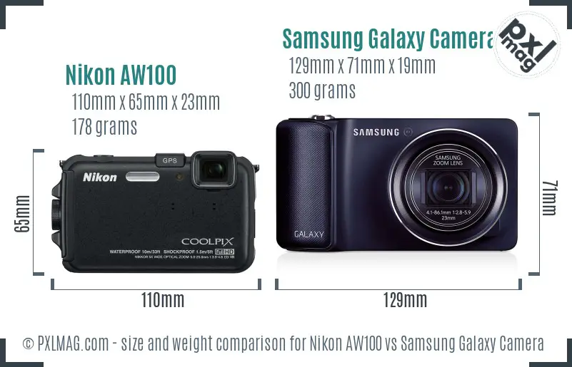 Nikon AW100 vs Samsung Galaxy Camera size comparison
