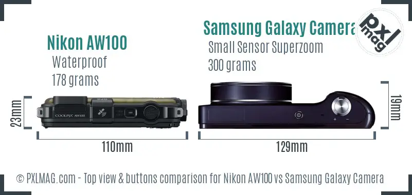 Nikon AW100 vs Samsung Galaxy Camera top view buttons comparison