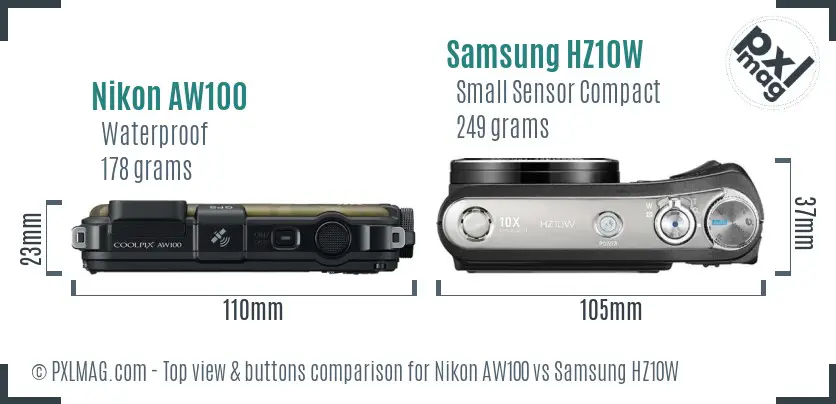 Nikon AW100 vs Samsung HZ10W top view buttons comparison