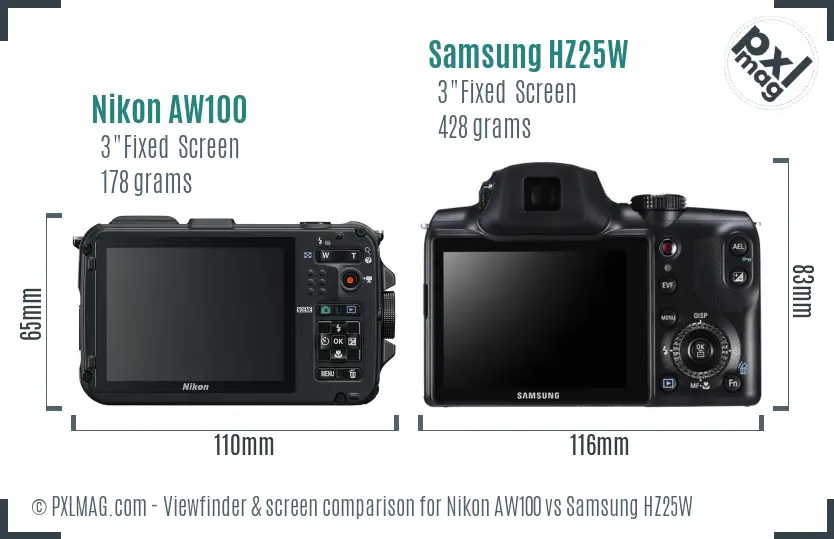 Nikon AW100 vs Samsung HZ25W Screen and Viewfinder comparison