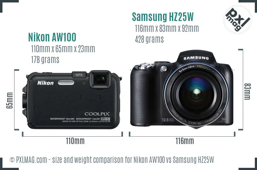 Nikon AW100 vs Samsung HZ25W size comparison