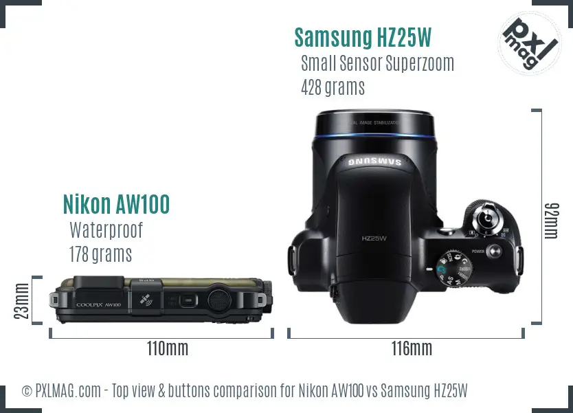 Nikon AW100 vs Samsung HZ25W top view buttons comparison