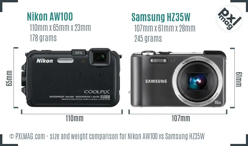 Nikon AW100 vs Samsung HZ35W size comparison