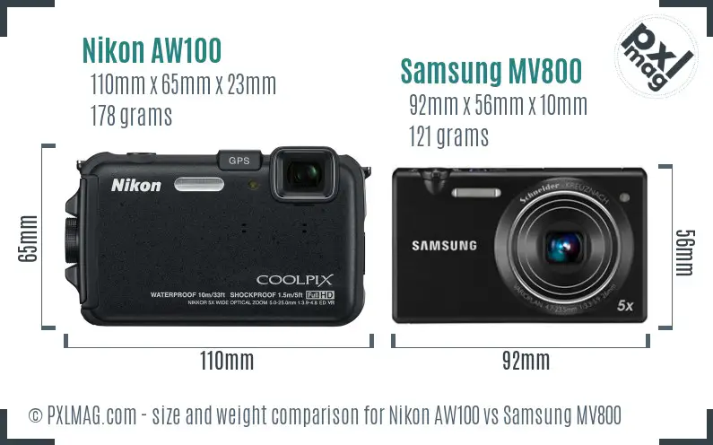 Nikon AW100 vs Samsung MV800 size comparison