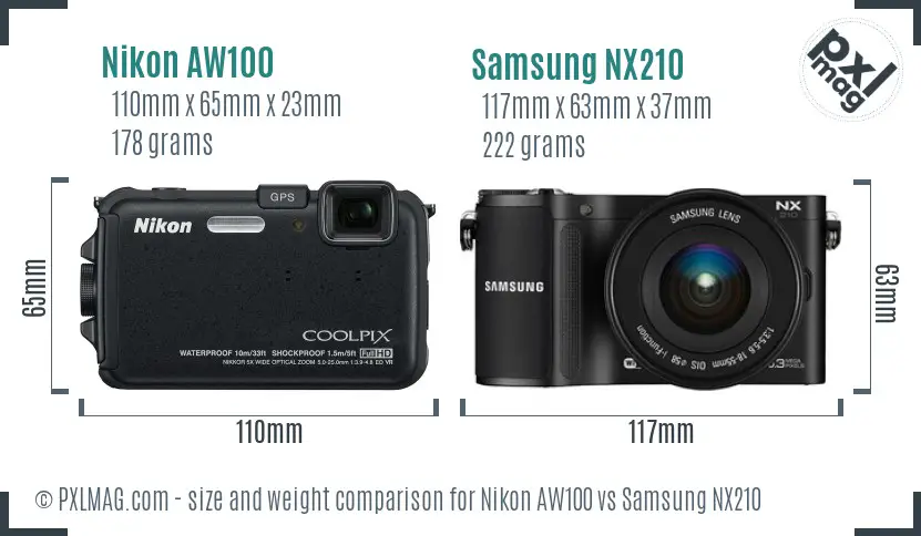 Nikon AW100 vs Samsung NX210 size comparison