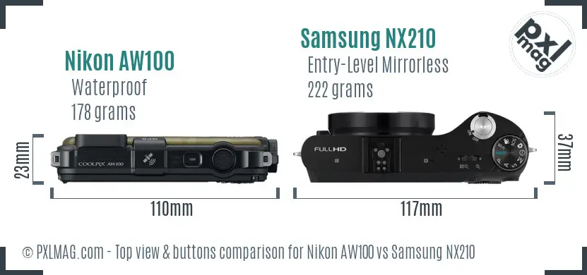 Nikon AW100 vs Samsung NX210 top view buttons comparison