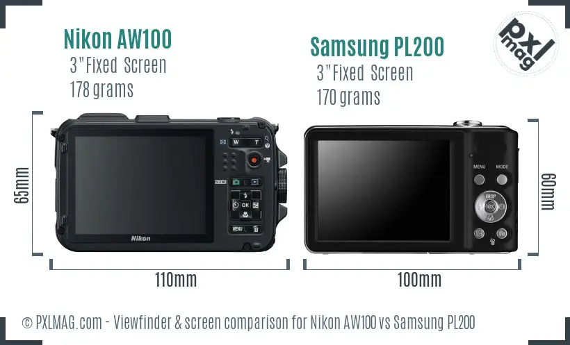 Nikon AW100 vs Samsung PL200 Screen and Viewfinder comparison