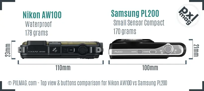 Nikon AW100 vs Samsung PL200 top view buttons comparison