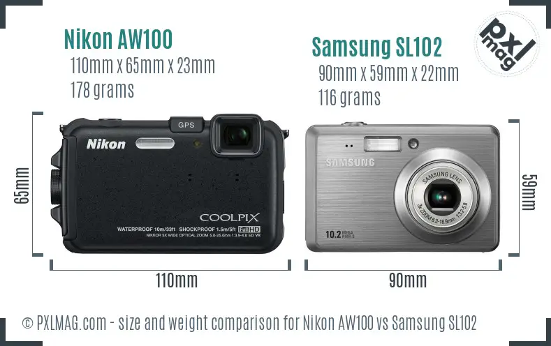 Nikon AW100 vs Samsung SL102 size comparison