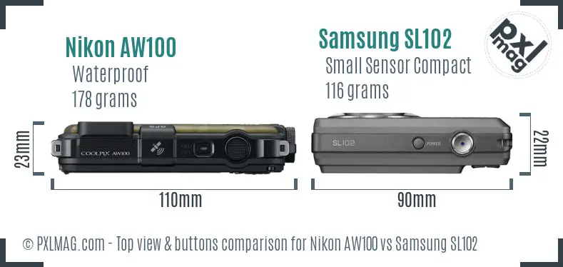 Nikon AW100 vs Samsung SL102 top view buttons comparison