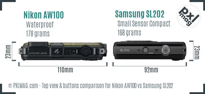 Nikon AW100 vs Samsung SL202 top view buttons comparison