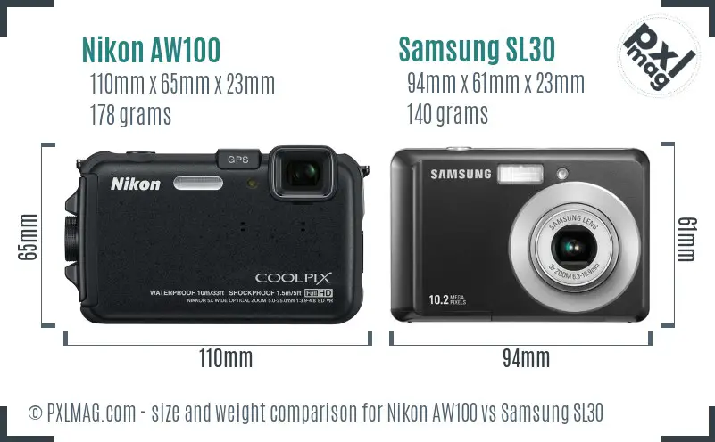 Nikon AW100 vs Samsung SL30 size comparison