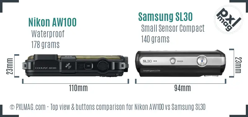 Nikon AW100 vs Samsung SL30 top view buttons comparison