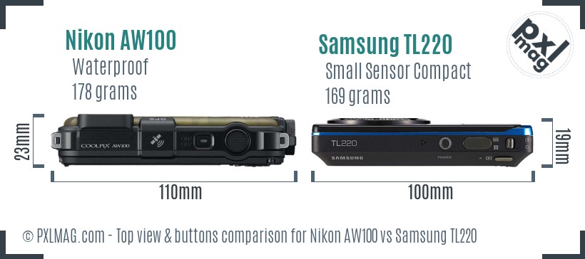 Nikon AW100 vs Samsung TL220 top view buttons comparison
