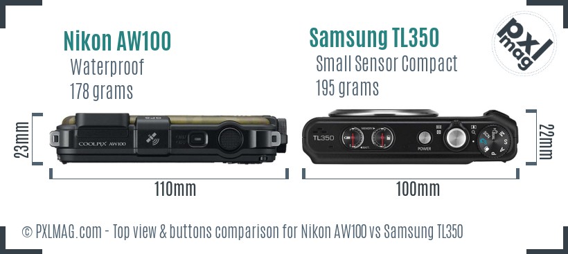 Nikon AW100 vs Samsung TL350 top view buttons comparison
