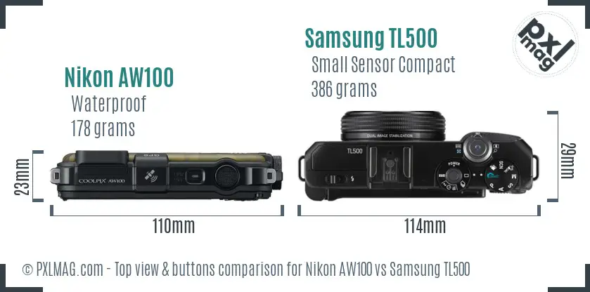 Nikon AW100 vs Samsung TL500 top view buttons comparison