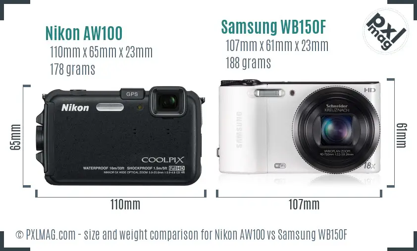 Nikon AW100 vs Samsung WB150F size comparison Nikon AW100 vs Samsung WB150F size comparison